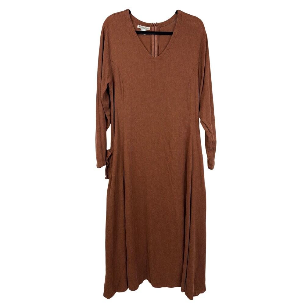 Wooden Ships of Hoboken Brown Linen Blend V Neck Maxi Dress Size MED LG